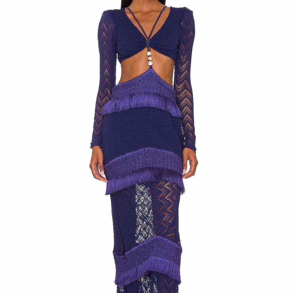 PatBo Indigo Fringe and Lace Long Sleeve Cutout Maxi